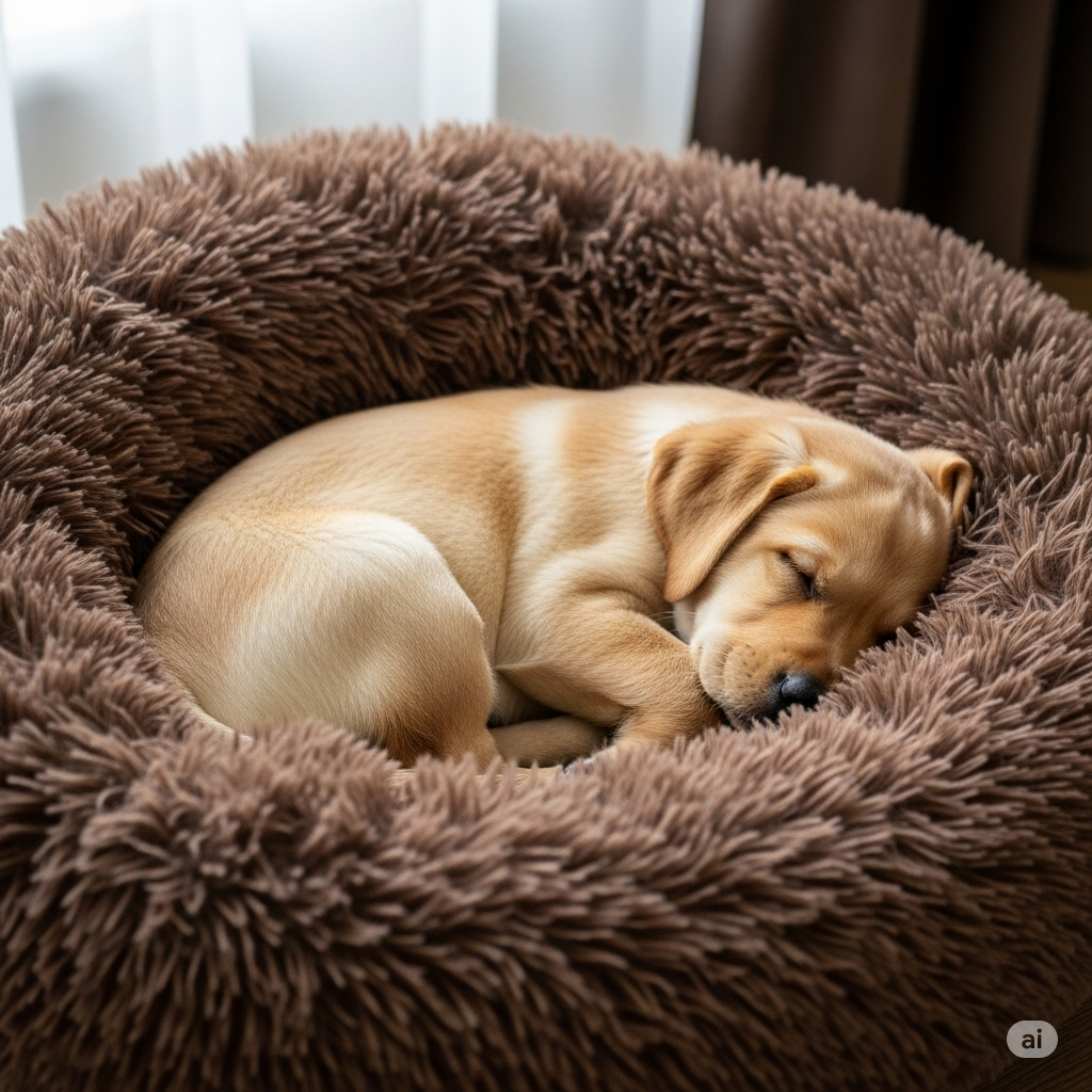 Filhote de labrador dormindo em cama macia - primeiros cuidados em casa